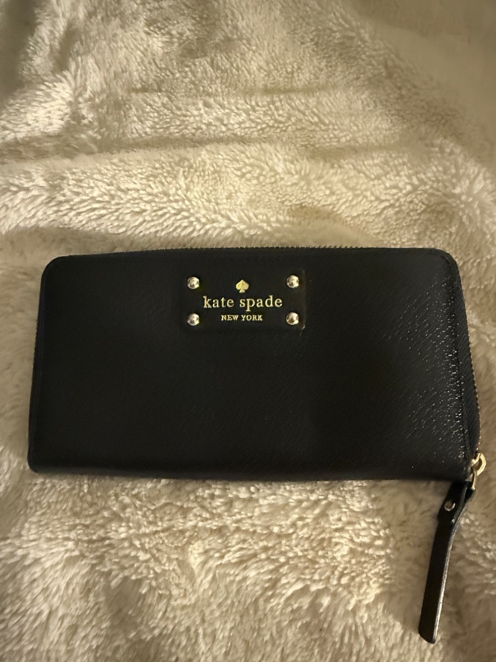 kate spade Black Leather Zip-Around Wallet with Gold Logo
